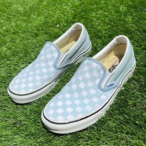 Baby blue checkered vans slip ons
